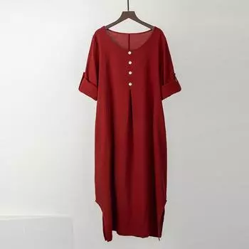 Женское платье с закатанными рукавами и боковыми карманами, разрезами на пуговицах и круглым вырезом, свободное повседневное летнее платье макси Medium хаки
