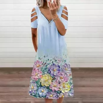 Женское платье с застежкой-молнией и V-образным вырезом, свободное 5 цветов, ажурное платье с коротким рукавом