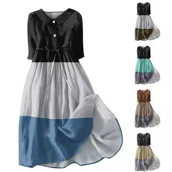 Женское платье с завязками и рукавами три четверти темного цвета с принтом на лацкане и пуговицами L циан