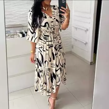 Женское платье-сарафан летнее с принтом рукав до локтя с V-образным вырезом А-силуэта миди платье S слоновая кость