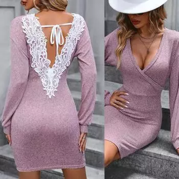 Женское платье Secy с глубоким V-образным вырезом, кружевное, пэчворк, вечернее, женское, с длинным рукавом, с открытой спиной, бандажное, облегающее, женское мини-платье S