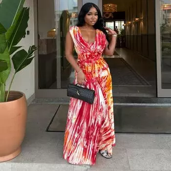 Женское платье сексуальное без рукавов летнее новое длинное платье с принтом юбка S красный