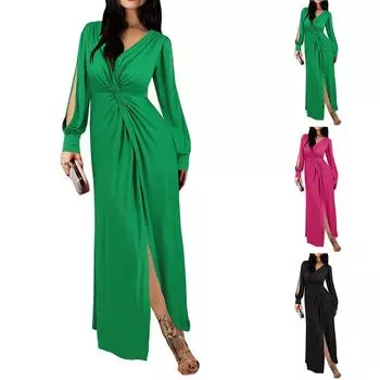 Женское платье сексуальное с длинными рукавами и разрезом средней длины юбка XL красный