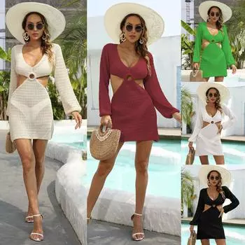 Женское платье, сексуальное тканое платье с открытой спиной и рукавами-фонариками, глубокий V-образный вырез, пляжная юбка, удобная женская одежда S белый