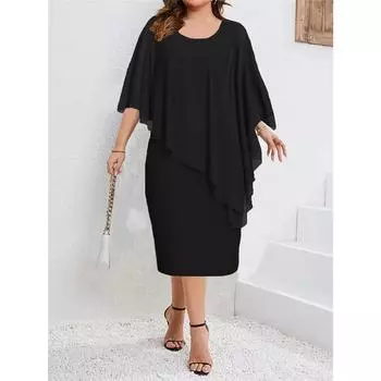 Женское платье-шаль из шифона с рукавами «летучая мышь» и круглым вырезом, облегающее, большого размера, однотонное, длиной до колена 4XL чёрный