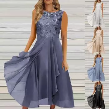 Женское платье Шифоновое элегантное кружевное лоскутное платье без рукавов с вырезами Вечернее платье подружки невесты L бежевый