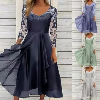 Женское платье, шифоновое элегантное кружевное лоскутное платье, длинное платье с вырезами, вечернее платье подружки невесты с длинными рукавами M зелёный