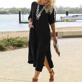 Женское платье Шикарное свободное платье, универсальное женское платье, однотонное женское платье, длинное платье для вечеринки L чёрный