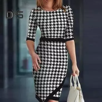 Женское платье Slim Fit с круглым вырезом и половиной рукавов с принтом в тон, нерегулярное платье с разрезом на подоле, облегающее платье с высокой талией для поездок на работу, элегантное платье миди длиной до колена L чёрный