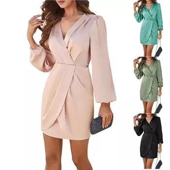Женское платье Slim Temperament Elegant Solid Color Bubble Sleeve Long Sleeve Dresses L бежевый