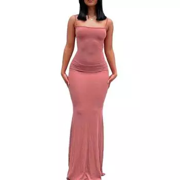 Женское платье-слинг без рукавов с квадратным воротником, облегающее платье длиной до пола, однотонное офисное вечернее свадебное сексуальное платье XS