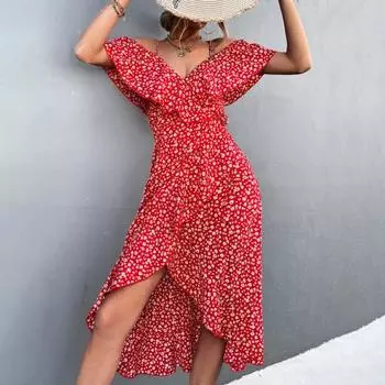 Женское платье слинг-дизайн Летняя одежда Интеллектуальное стильное летнее платье с цветочным узором Уличная одежда L зелёный