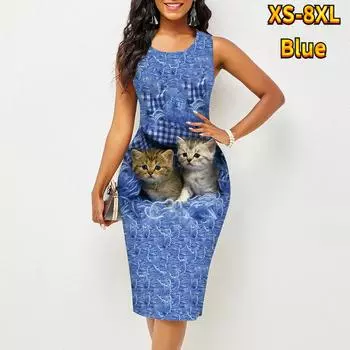Женское платье слинг летнее платье с принтом непослушной кошки обтягивающее без рукавов облегающее сексуальное модное верхнее платье XS синий