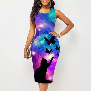 Женское платье Sling Летние платья с принтом Обтягивающие без рукавов Slim Fit Сексуальная модная верхняя одежда XS фиолетовый