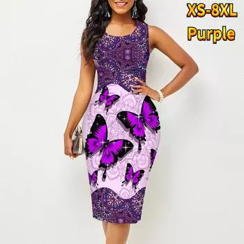 Женское платье Sling Лето Ретро Принт Бабочка Платья Обтягивающие Без Рукавов Slim Fit Сексуальная Мода Верхняя Одежда XS фиолетовый