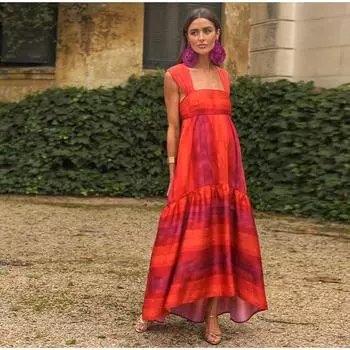 Женское платье-слинг с принтом и бантом, на шнуровке, с квадратным воротником, без рукавов, с открытой спиной, свободное женское платье, летнее модное женское платье S