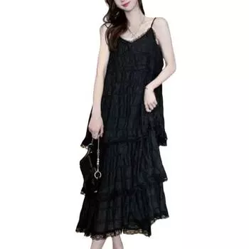 Женское платье-слинг с V-образным вырезом без рукавов, многослойное кружевное платье макси, однотонное платье свободного кроя S