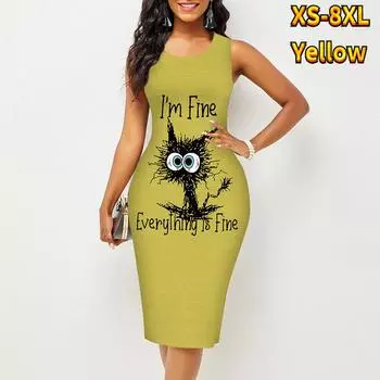 Женское платье Sling Summer Cartoon Cat Print Dresses Tight Sleeveless Slim Fit Sexy Fashion Top Clothing XS фиолетовый