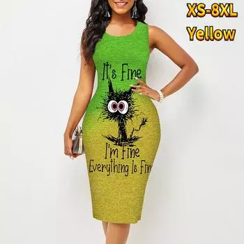 Женское платье Sling Summer Gradient Cartoon Cat Print Dresses Tight Sleeveless Slim Fit Sexy Fashion Top Clothing XS темно-синий