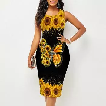 Женское платье Sling Summer Sunflower Buttfly Print Dresses Tight без рукавов Slim Fit Sexy Fashion Top Clothing XS фиолетовый