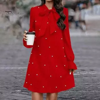 Женское платье со шнуровкой и бантом из искусственного жемчуга, А-силуэта, рукава-фонарики, однотонное мини-платье длиной выше колена, короткое платье для выпускного вечера, свидания M чёрный