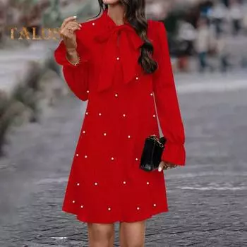 Женское платье со шнуровкой и бантом из искусственного жемчуга, А-силуэта, рукава-фонарики, однотонное мини-платье длиной выше колена, короткое платье для выпускного вечера, свидания M красный