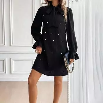 Женское платье со шнуровкой и бантом из искусственного жемчуга, А-силуэта, рукава-фонарики, однотонное мини-платье длиной выше колена, короткое платье для выпускного вечера, свидания M чёрный