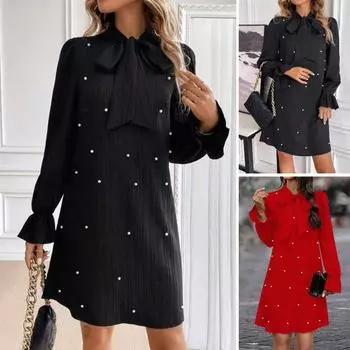 Женское платье со шнуровкой и бантом из искусственного жемчуга, А-силуэта, рукава-фонарики, однотонное мини-платье длиной выше колена, короткое платье для выпускного вечера, свидания L чёрный