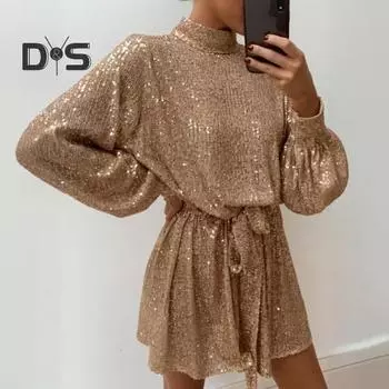 Женское платье со шнуровкой и блестками, короткое платье с круглым вырезом и длинными рукавами, однотонное весенне-осеннее платье с поясом на талии для вечеринок, свадеб, клубов, баров S розовый