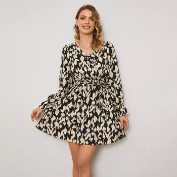 Женское платье со шнуровкой, принтом, разрезом, V-образным вырезом и длинными рукавами S чёрный