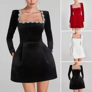 Женское платье со стразами, квадратным вырезом, длинными рукавами, однотонное мини-платье А-силуэта, длиной выше колена, осенне-весеннее платье для свиданий и вечеринок S чёрный
