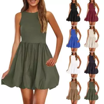 Женское платье-солнце, летнее, повседневное, однотонное, А-силуэт, без рукавов, топ-платье S