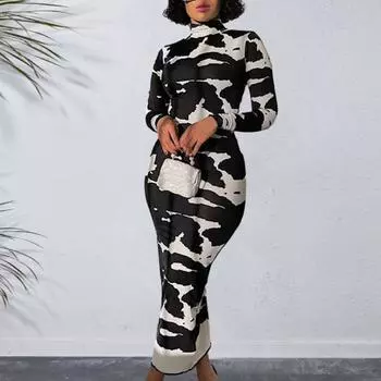 Женское платье соответствующего цвета с принтом, облегающее платье с длинным рукавом и высоким воротником, мягкая эластичная оболочка, длиной до щиколотки, осенне-весеннее платье макси M чёрный