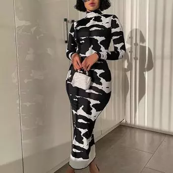 Женское платье соответствующего цвета с принтом, облегающее платье макси с длинным рукавом и высоким воротником, мягкое эластичное платье длиной до щиколотки M чёрный