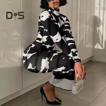 Женское платье соответствующего цвета с принтом, облегающее платье с длинным рукавом и высоким воротником, мягкая эластичная оболочка, длиной до щиколотки, осенне-весеннее платье макси M чёрный