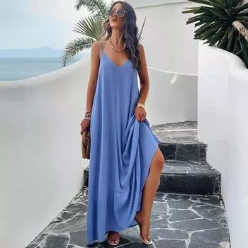 Женское платье-спагетти, однотонное длинное платье без рукавов, повседневное платье для отпуска S