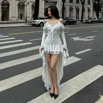 Женское платье Spice Girls Pure Personality Street Fashion с нестандартной талией и длинными рукавами S белый