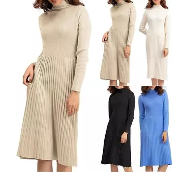 Женское платье, сплошное цветное вязаное утолщенное платье выше колена с половиной высоким воротом и закрытой талией средней длины One Size бежевый