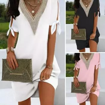 Женское платье Сплошной цвет с v-образным вырезом и бантом, с полыми рукавами, свободное платье из смеси хлопка, летнее повседневное женское офисное мини-платье для женщин 2XL чёрный