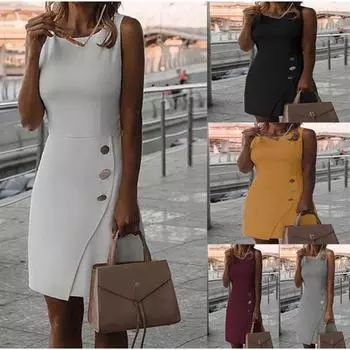Женское платье сплошной цвет талии узкие офисные пуговицы без рукавов пуговицы уличная одежда S серый
