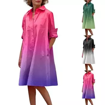 Женское платье средней длины с карманом и длинными рукавами с рубашечным воротником с градиентным принтом L зелёный