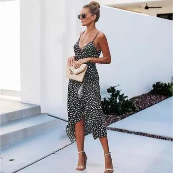 Женское платье средней длины с принтом на бретельках в горошек, сексуальное тонкое платье с v-образным вырезом и оборками S жёлтый