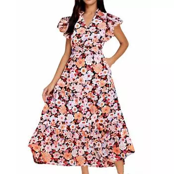 Женское платье средней длины с V-образным вырезом, плиссировкой и рукавами-крылышками L горячий розовый