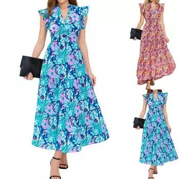 Женское платье средней длины с V-образным вырезом, плиссировкой и рукавами-крылышками L синий