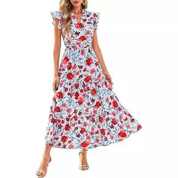 Женское платье средней длины с V-образным вырезом, плиссировкой и принтом Flysleeve S