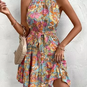 Женское платье средней длины со шнуровкой и принтом на подтяжках для детей, весенние и летние платья S разноцветный
