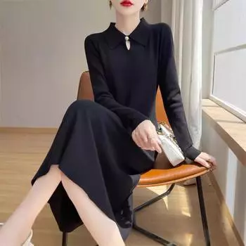 Женское платье средней длины, вязаный пуловер, юбка-свитер с длинными рукавами, длинная юбка XL белый