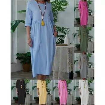 Женское платье средней длины Женские однотонные повседневные платья с круглым вырезом S белый