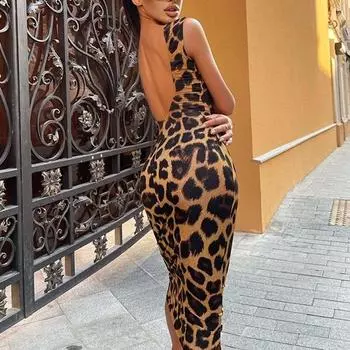 Женское платье Street Spice с леопардовым принтом, сексуальное платье Spice с открытой спиной и одним плечом S хаки