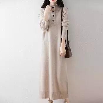 Женское платье-свитер 100% шерсть MODERN NEW SAGA вязаный длинный пуловер зимние джемперы шерстяное длинное платье женское M бежевый